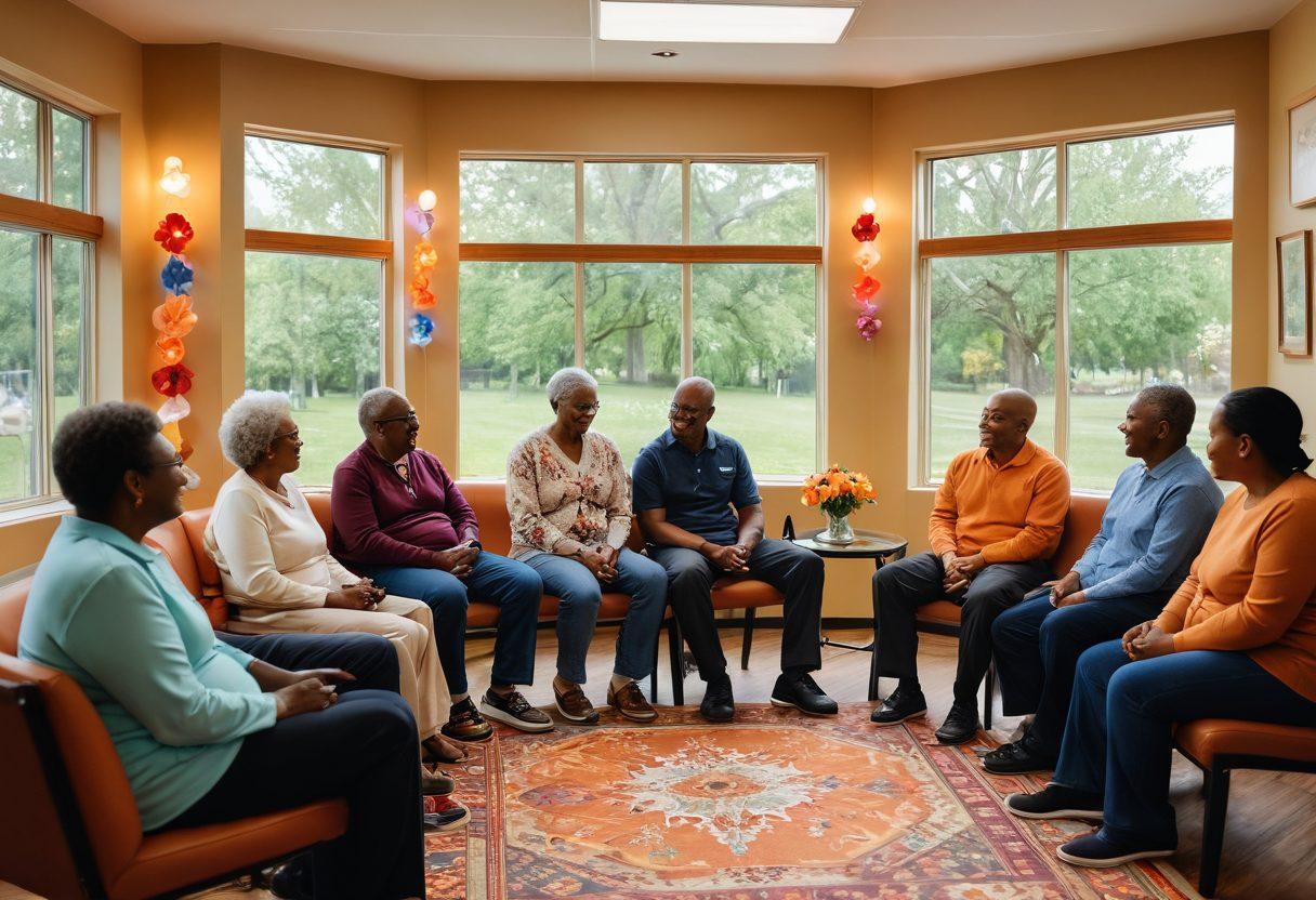 A diverse group of individuals, including patients and caregivers, gathered in a warm, inviting community center. They are sharing stories, support, and laughter, surrounded by colorful decorations and soft lighting. Incorporate symbols of hope like ribbons and flowers, symbolizing resilience and togetherness. The image conveys a sense of belonging and compassion, with a backdrop of a beautiful garden visible through large windows. warm colors. super-realistic.