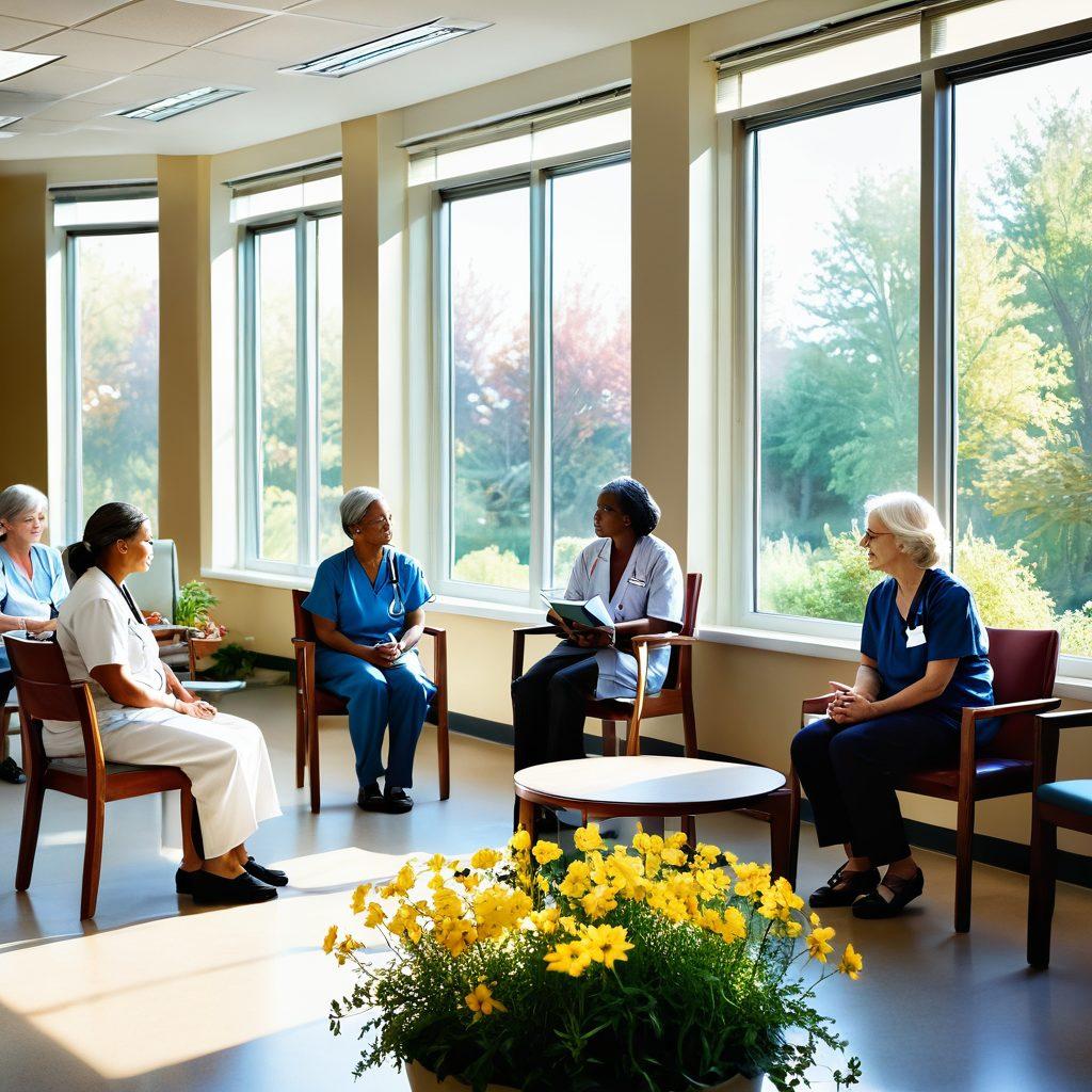 A serene hospital setting with a diverse group of patients and caregivers engaging in supportive dialogue. Symbolic elements of hope like blooming flowers and warm light filtering through windows. Incorporate visual metaphors of strength, knowledge, and resilience, such as books and gentle hands. The atmosphere should feel calm and encouraging. Super-realistic. Vibrant colors. Soft focus.