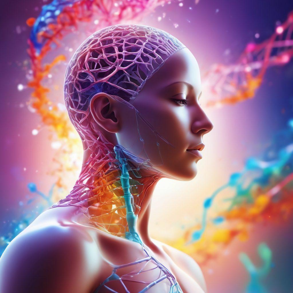 An abstract representation of a human figure undergoing a transformative process, surrounded by vibrant, flowing colors symbolizing hope and healing. Incorporate elements like DNA strands and medical technology, subtly blending the themes of innovation and care in cancer therapy. The background should radiate light, signifying breakthroughs in medical research. super-realistic. vibrant colors. soft focus.